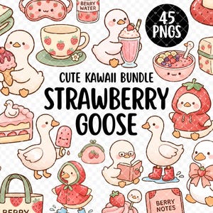Könnte beinhalten: Eine Sammlung niedlicher Illustrationen im Kawaii-Stil mit Erdbeermotiv. Die Bilder zeigen eine Gänsefigur in verschiedenen Posen mit erdbeerfarbenem Zubehör, Essen und Text mit der Aufschrift "Cute Kawaii Bundle Strawberry Goose".