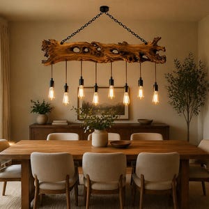 Puede incluir: Una lámpara de araña rústica de madera con ocho bombillas estilo Edison cuelga sobre una mesa de comedor de madera. La lámpara está suspendida por una cadena negra y crea un ambiente cálido. La mesa está rodeada de sillas beige.