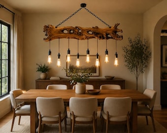 Handmade Olive Wood Chandelier – Rustic Natural Wood Pendant Light – Unique Farmhouse Lighting - Hanging Lamp, Ceiling Light, Pendant Lights