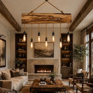 May include: A wooden beam chandelier with six Edison-style light bulbs suspended by rope. The light fixture hangs in a living room with a fireplace, bookshelves, and neutral-toned furniture. The room has a warm, inviting atmosphere.
