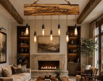 Lampadario rustico in legno d'ulivo, lampadario unico per sala da pranzo, lampadario in legno con bordo naturale in stile fattoria.