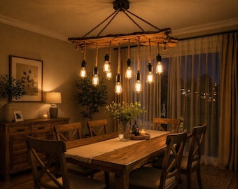 Rustic Olive Wood Lighting Fixture, Unique Ceiling Lamp for Dining Room, Farmhouse Style Wooden Natural Edge Chandelier,