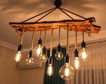 Rustic Olive Wood Lighting Fixture, Unique Ceiling Lamp for Dining Room, Farmhouse Style Wooden Natural Edge Chandelier,