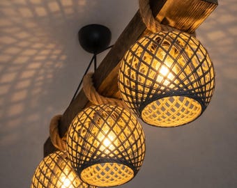 Lámpara de araña rústica de madera con pantallas de jaula de cuerda de yute – Lámpara colgante de estilo rústico de 6 luces, luz para comedor, lámpara para isla de cocina