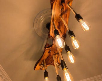 Rustic Olive Wood Lighting Fixture, Unique Ceiling Lamp for Dining Room, Farmhouse Style Wooden Natural Edge Chandelier,