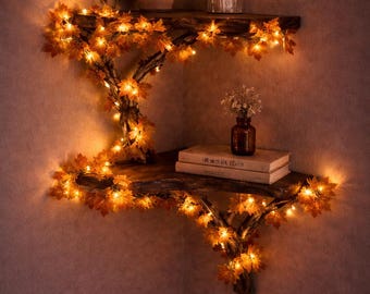 Estantería de esquina LED – Diseño rústico de madera natural – Estantería de esquina decorativa, decoración de pared bohemia, estante de pared de madera hecho a mano, estante de árbol único