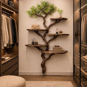 Op de afbeelding: Een uniek, boomvormig houten rek met meerdere plateaus. De planken bevatten diverse items, waaronder een handtas, parfumflesjes en decoratieve objecten. De takken van de boom ondersteunen de planken, met groene bladeren aan de top.