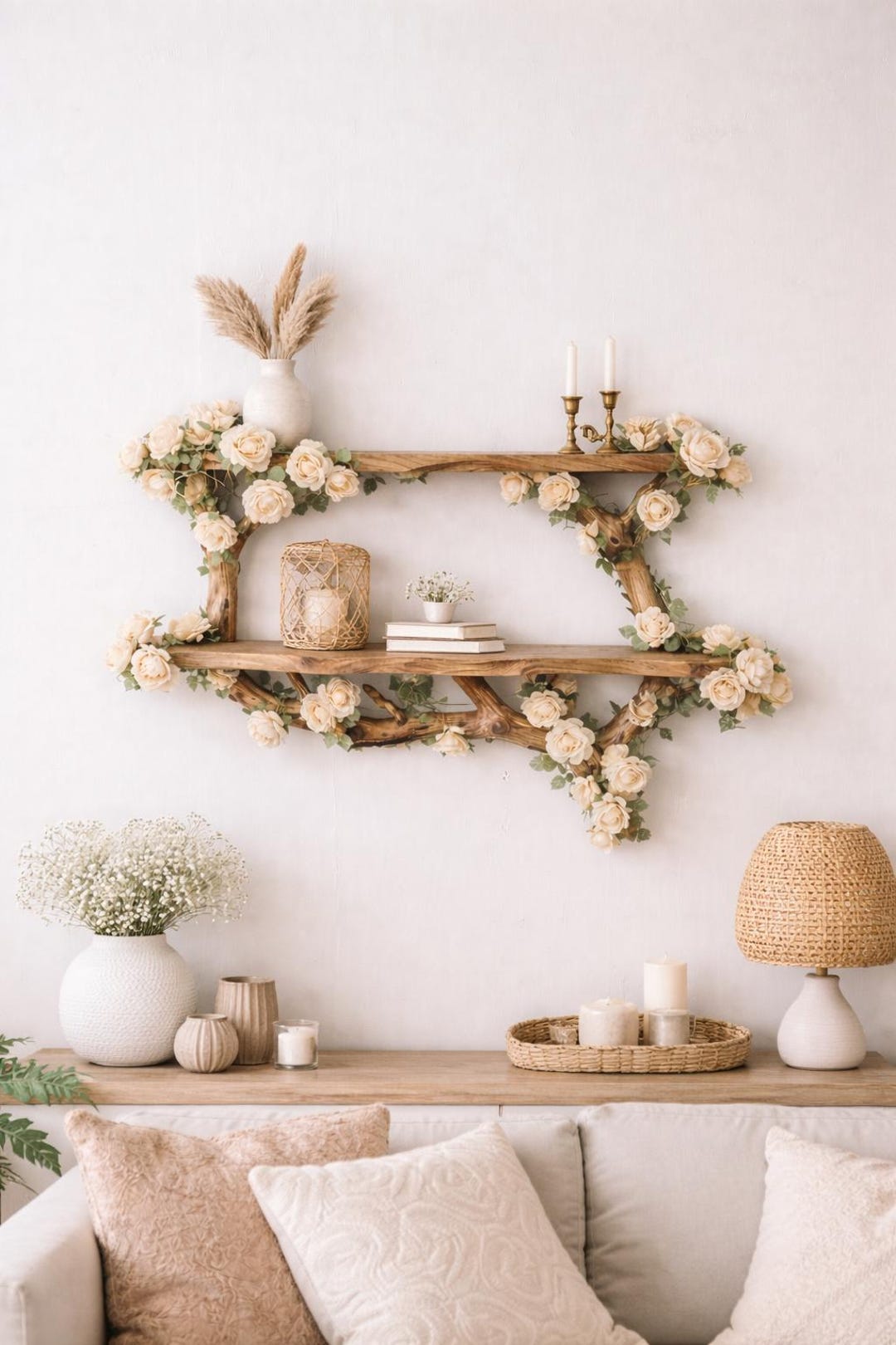 Handmade Wooden Wall Shelf, Rustic Tree Branch Shelf With Flowers, Boho ...