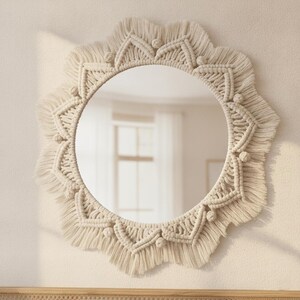 Boho Macrame Round Mirror 40cm – Handcrafted Woven Cotton Rope Wall Decor