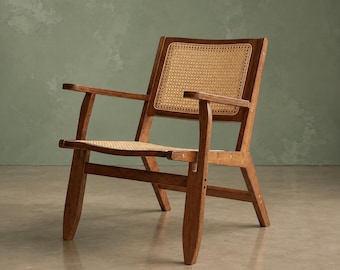 Furniture100 Boho Rattan Lounge Accent Chair in Walnut