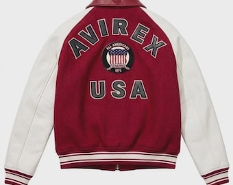 Avirex Real Red Bomber Varsity-jas heren, wollen body en leren mouwen