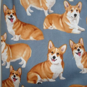 May include: A blue fabric with a repeating pattern of brown and white corgi dogs. The corgis are facing forward with their tongues sticking out.