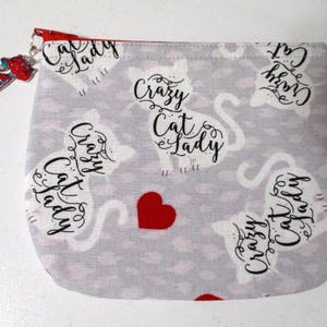 Coin Purse &quot;Crazy Cat Lady&quot; words with Red Hearts on Gray Cotton Coin, Credit Cards, Currency Zipper Pouch