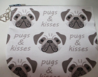 New! PugDog Faces and Kisses on white Coin Purse Zipper Pouch