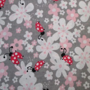 Cute 1 Yd Pink Lady Bugs Flowers on Gray Cotton X 44&quot; W
