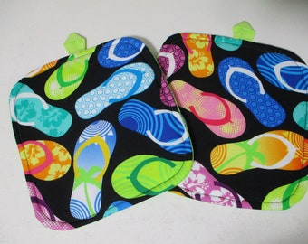 Set(2) Tropical Colorful  larger size flip flops on black print heavy duty Potholders