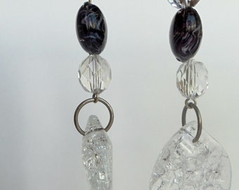 Black and Crystal Earrings | Clear Acrylic Crackle Beaded Earrings | Black Lampwork Glass Beaded Earrings | Black Earrings