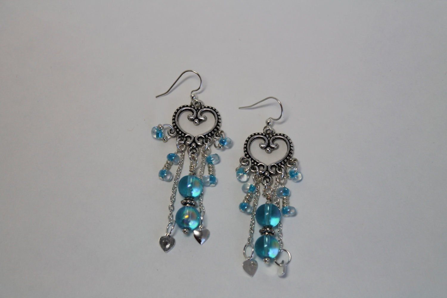 Chandelier Heart Earrings With Aqua Blue Glass Beads - Etsy