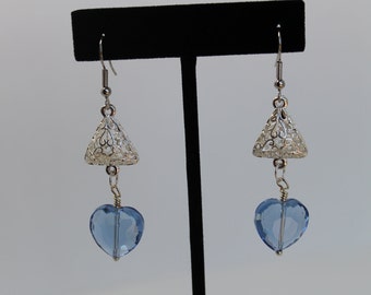 Blue Heart Earrings | Blue Dangle Earrings | Glass Sapphire Blue Heart and Silver Triangle Earrings One Of A Kind