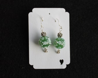 Green Dangle Earrings | Green and White Lampwork Glass Earrings | Sterling Silver