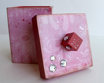 Pink Box | Cube Box | Altered Box | Jewelry Box | Stash Box | Red and Pink Box | Floral Box