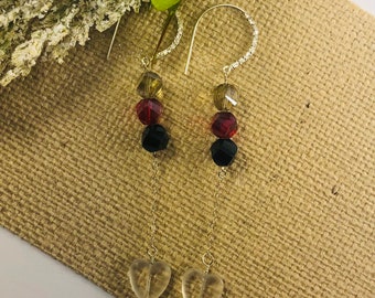 Sterling Silver Dangle Earrings: Faceted Glass Beads & Opaque Heart