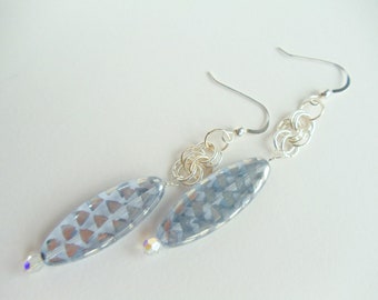 Sterling Silver Earrings | Blue/Grey Oval Glass Bead Earrings | Swarovski Crystal | Chain Maille