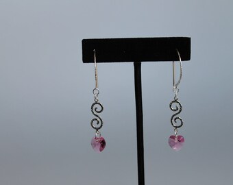 Pink Heart Earrings, Sterling Silver and Swarovski Indian Pink Crystal Heart Earrings