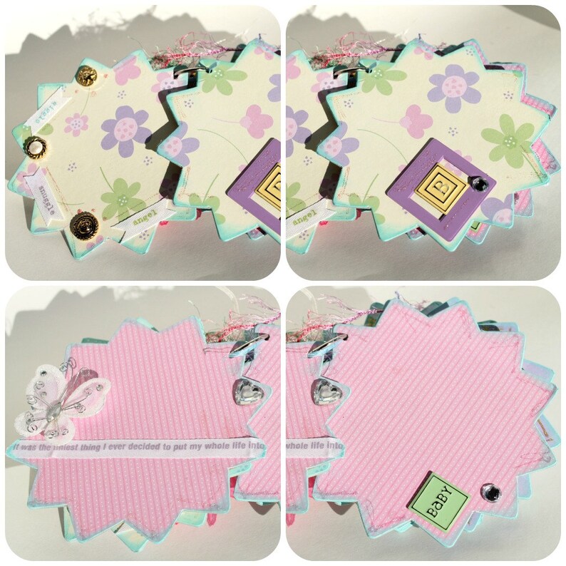 May include: A pink and blue star-shaped scrapbook with a white ribbon and the text "It was the sweetest thing I ever decided to put my whole life into" on the front. The scrapbook is decorated with flowers, butterflies, and other embellishments.
