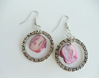 Pink Earrings | Pink Shell Chandelier Earrings | On Leaf Embossed Metal Circles