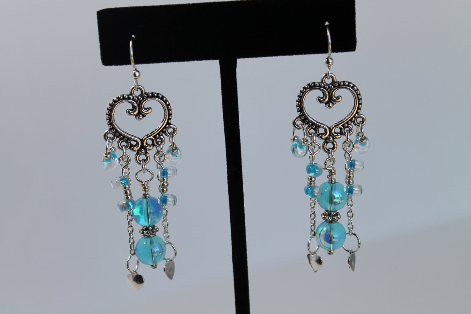 Chandelier Heart Earrings With Aqua Blue Glass Beads - Etsy