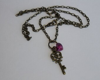 Brass Key Necklace: Pink Swarovski Crystal Heart, 24 Inch Chain