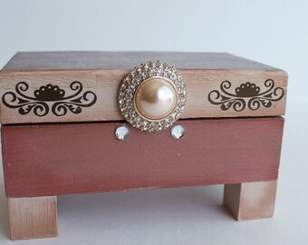 One of a Kind Hand Painted Jewelry Box, Trinket Box, Stash Box, Dusty Rose, Tan, Decoupaged Box