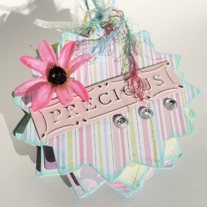 May include: A pink and blue striped paper craft with a metal tag that says "PRECIOUS". The tag is decorated with a pink flower and rhinestones.