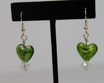 Green Heart and Crystal Earrings Surgical Stainless Earwires