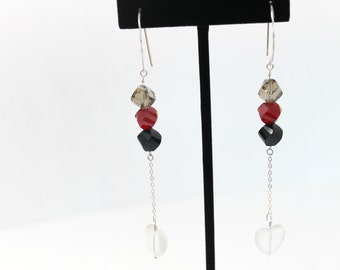 Sterling Silver Earrings with Red, Black and Grey Faceted Beads and a Dangling Opaque Heart One Of A Kind
