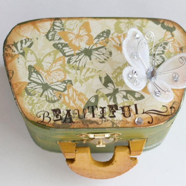 Green and Gold Jewelry Box | Butterfly Box | Altered Wood Box | Decorative Box | Trinket Box