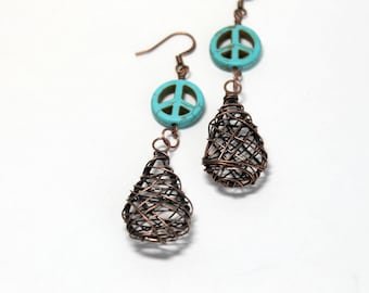 70’s Style Peace Sign Earrings, Turquoise and Copper