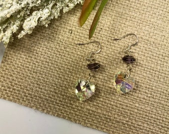 Wire-Wrapped Amethyst Earrings: Crystal Heart Dangle, February Birthstone