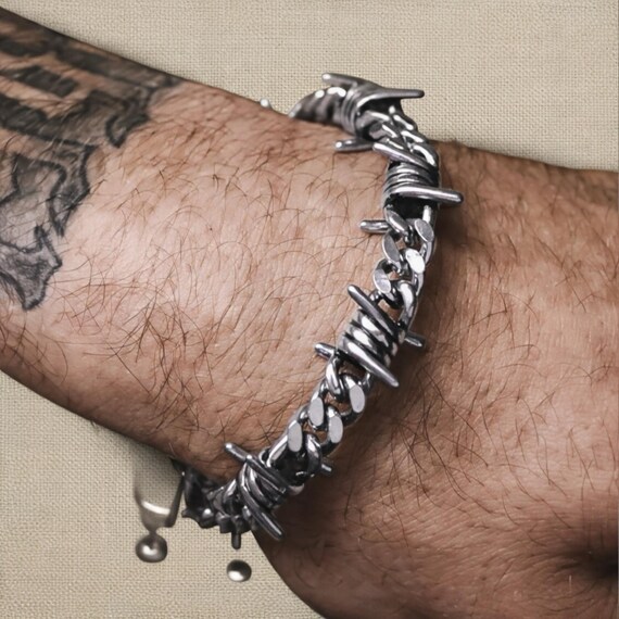 Barbed Wire Bracelet Men Silver Stainless Steel Punk Chain