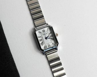 Silver Rectangular Watch Women Roman Numerals Stainless Steel Bracelet Quartz