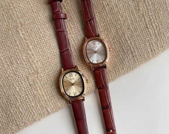 Gold Oval Armbanduhr Damen Braun Leder Armband Quartz