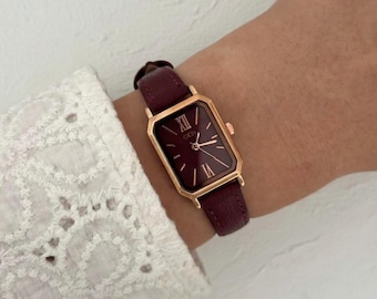 Roségoud rechthoekig horloge dames Romeinse cijfers leren band quartz