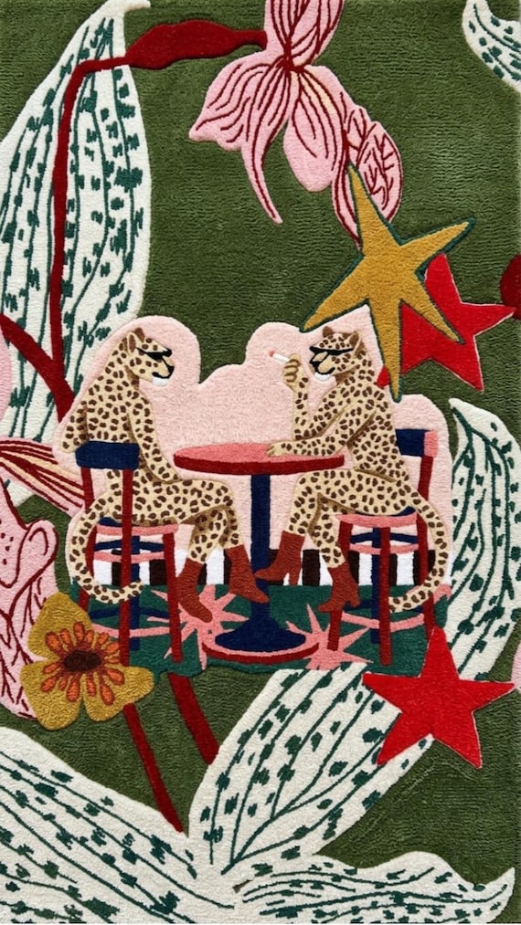 Cheetah Art Handtufted Rug, Colorful Animal & Botanical Wool Rug, Eclectic Maximalist Decor, Living Room Bedroom Rug, 4x6 5x7 6x9 8x10 ft