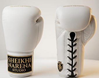 Guantes de boxeo de cuero blanco personalizados - Guantes de sparring profesionales con cordones