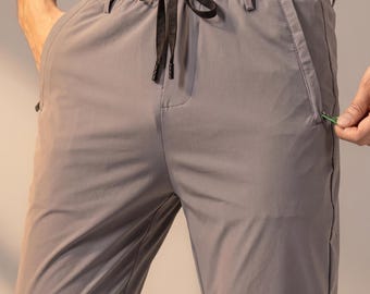 Men's Technical Stretch Trousers - Lightweight Grey Active Joggers Slim Fit Travel Pants