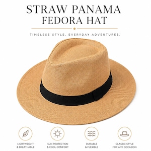Op de afbeelding: Een beige strooien fedora hoed met een zwarte band. De tekst luidt: STRAW PANAMA FEDORA HAT, TIMELESS STYLE. EVERYDAY ADVENTURES. LIGHTWEIGHT & BREATHABLE, SUN PROTECTION & COOL COMFORT, DURABLE & FLEXIBLE, CLASSIC STYLE FOR ANY OCCASION.