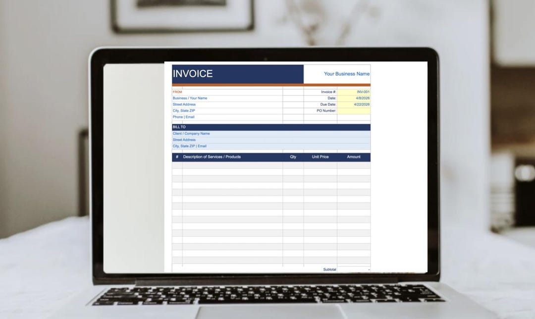 Invoice Template Excel Spreadsheet Small Business Freelancer Billing ...