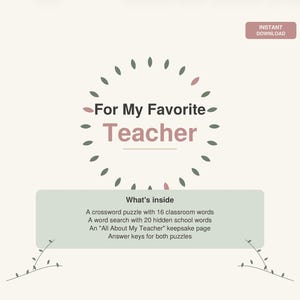 Puede incluir: Una descarga digital con el texto «Para mi profesor favorito». El diseño incluye un borde circular decorativo y una sección que enumera un crucigrama, una búsqueda de palabras, una página de recuerdo y claves de respuestas. También son visibles las palabras «Descarga instantánea».