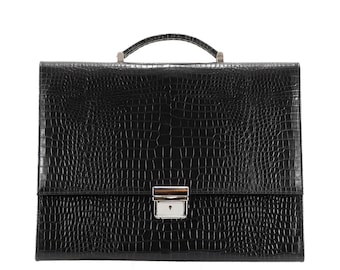 Handmade leather briefcase MANDEL in black, croc croco alligator | Mens business bag, attache, document holder, architect | Ethically